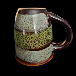 Vintage Studio Pottery Mug Brown Green Textured Drip Glaze 4.75"x4.5" Handmade